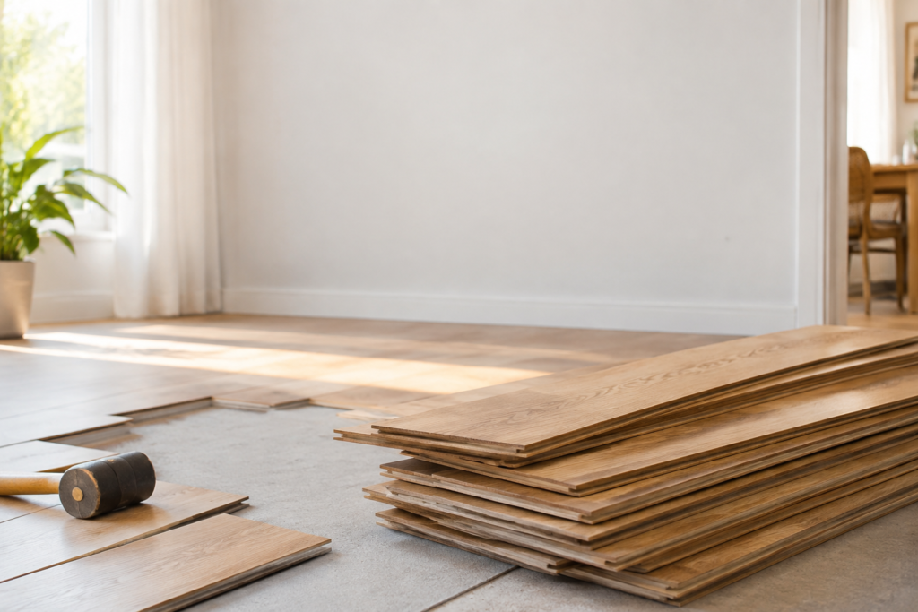 Pile de lames de parquet flottant en bois clair sur un sol en béton, avec un maillet en caoutchouc à côté.