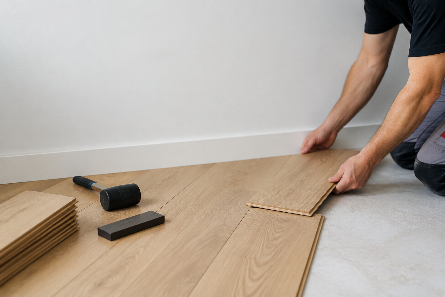 Un homme installe une lame de parquet en bois clair près d'une plinthe blanche avec un maillet et une cale de frappe.