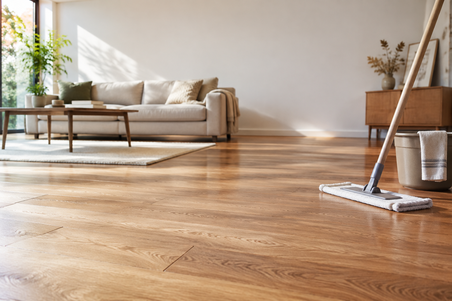 Nettoyage d’un parquet avec un balai plat en microfibre.