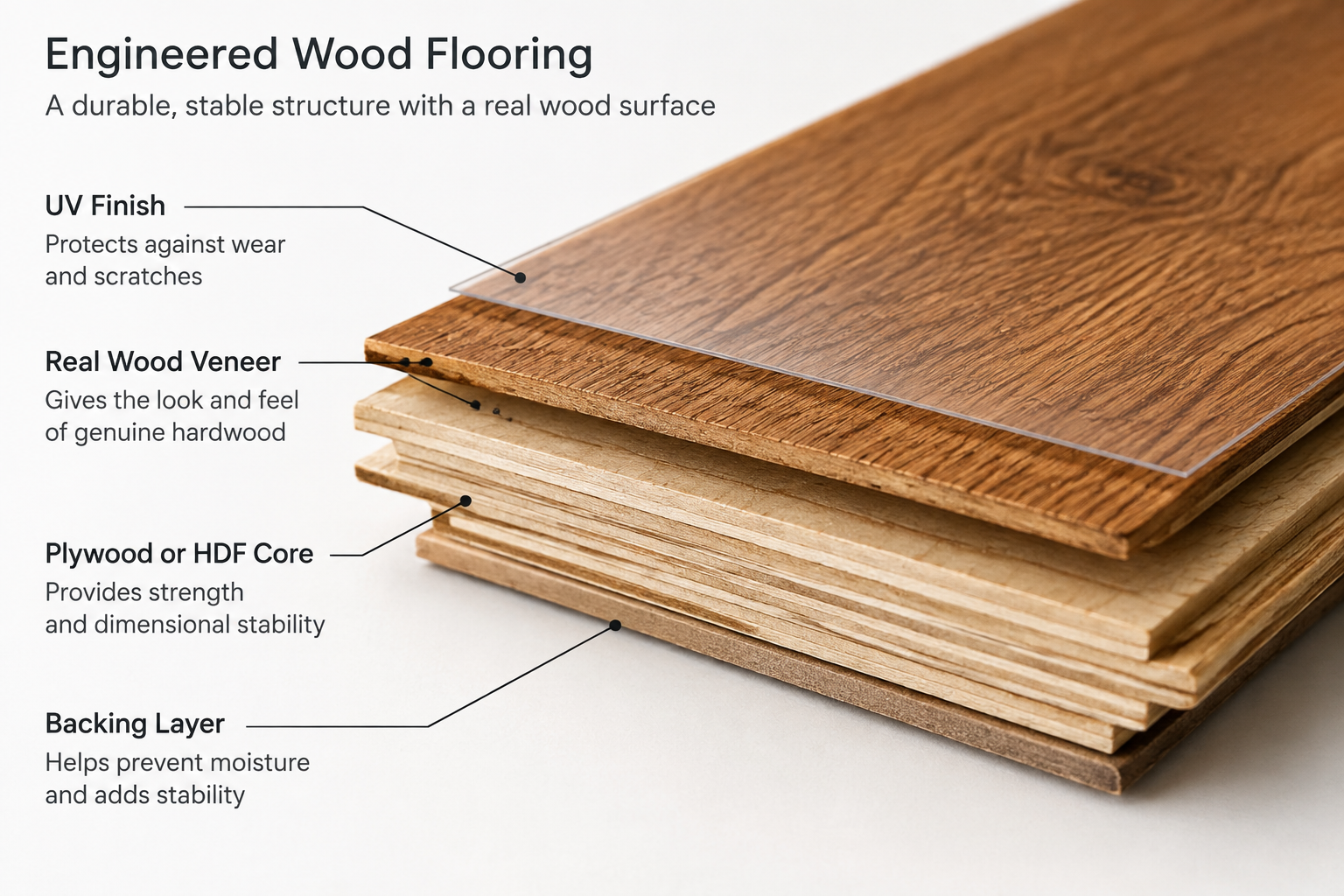 Coupe transversale d'un parquet contrecollé montrant ses couches