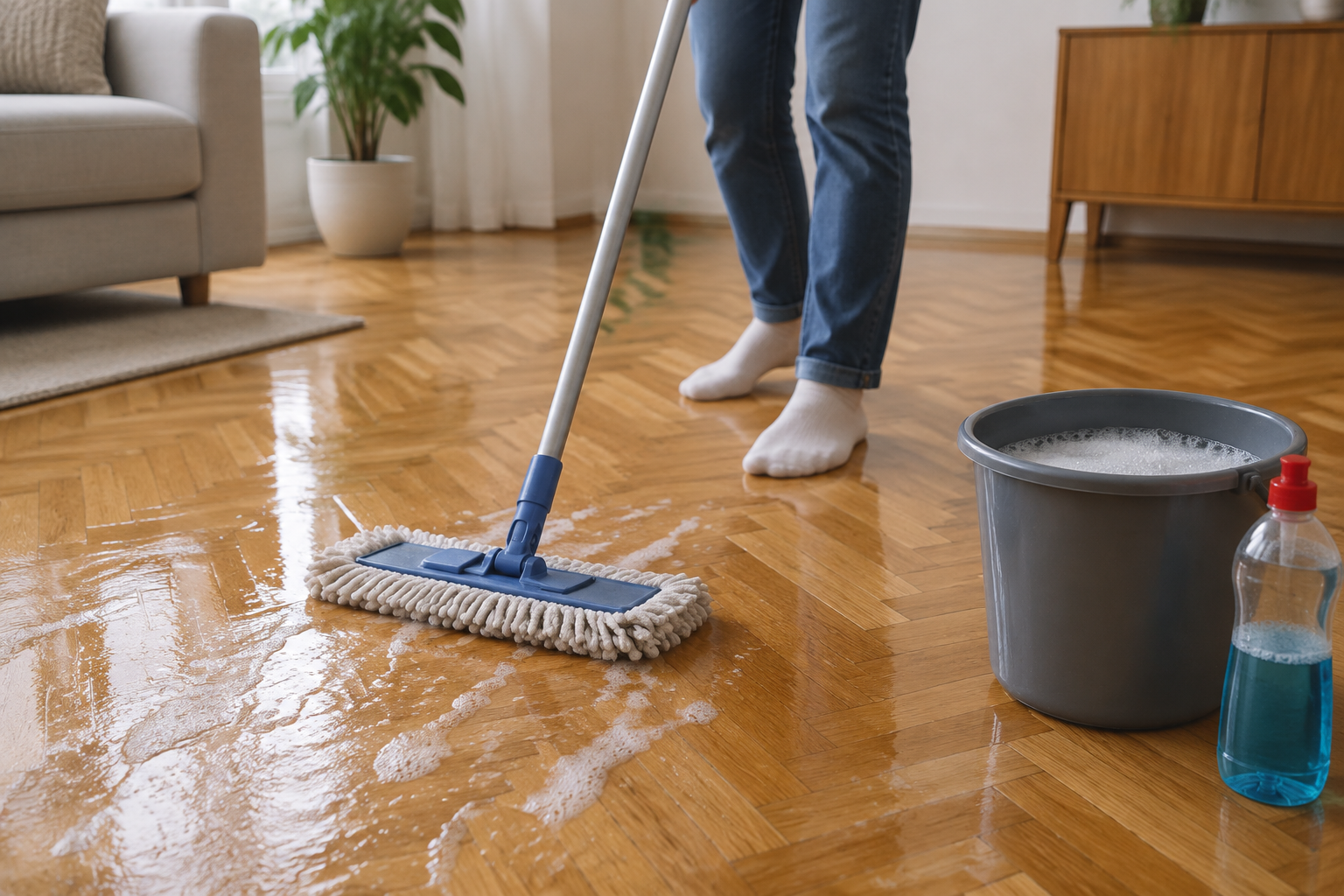 Une personne nettoie un parquet avec une serpillière et de l'eau savonneuse