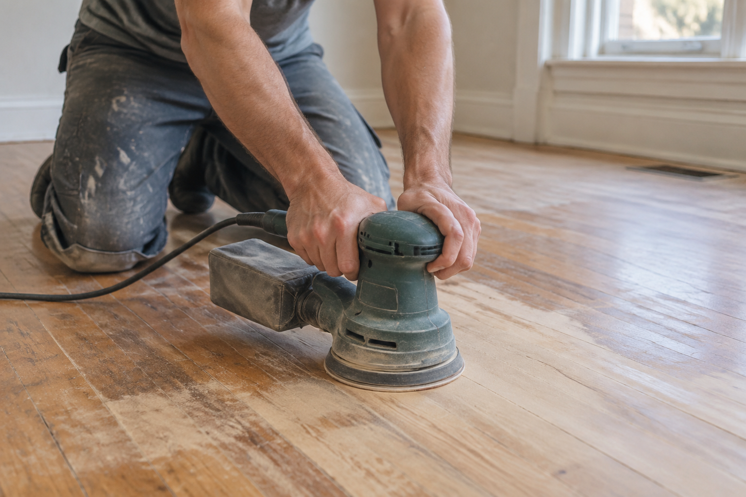 Personne ponçant un parquet en bois avec une ponceuse orbitale.
