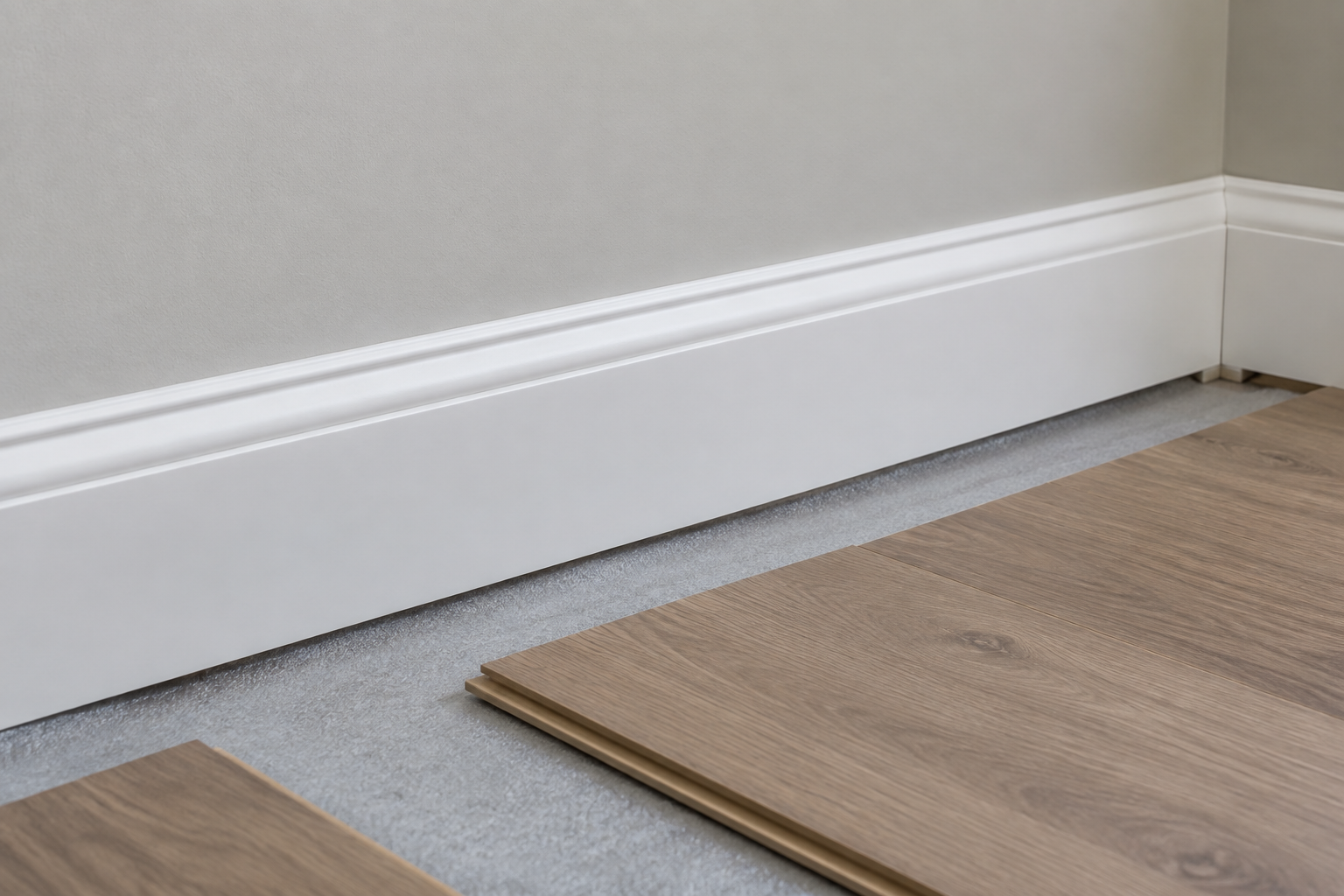 Plinthe fixée au mur laissant le jeu de dilatation du parquet stratifié visible.