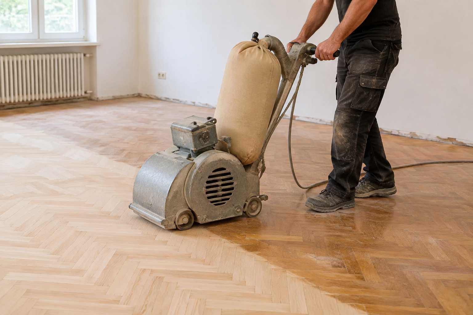 Un professionnel ponce un parquet en bois