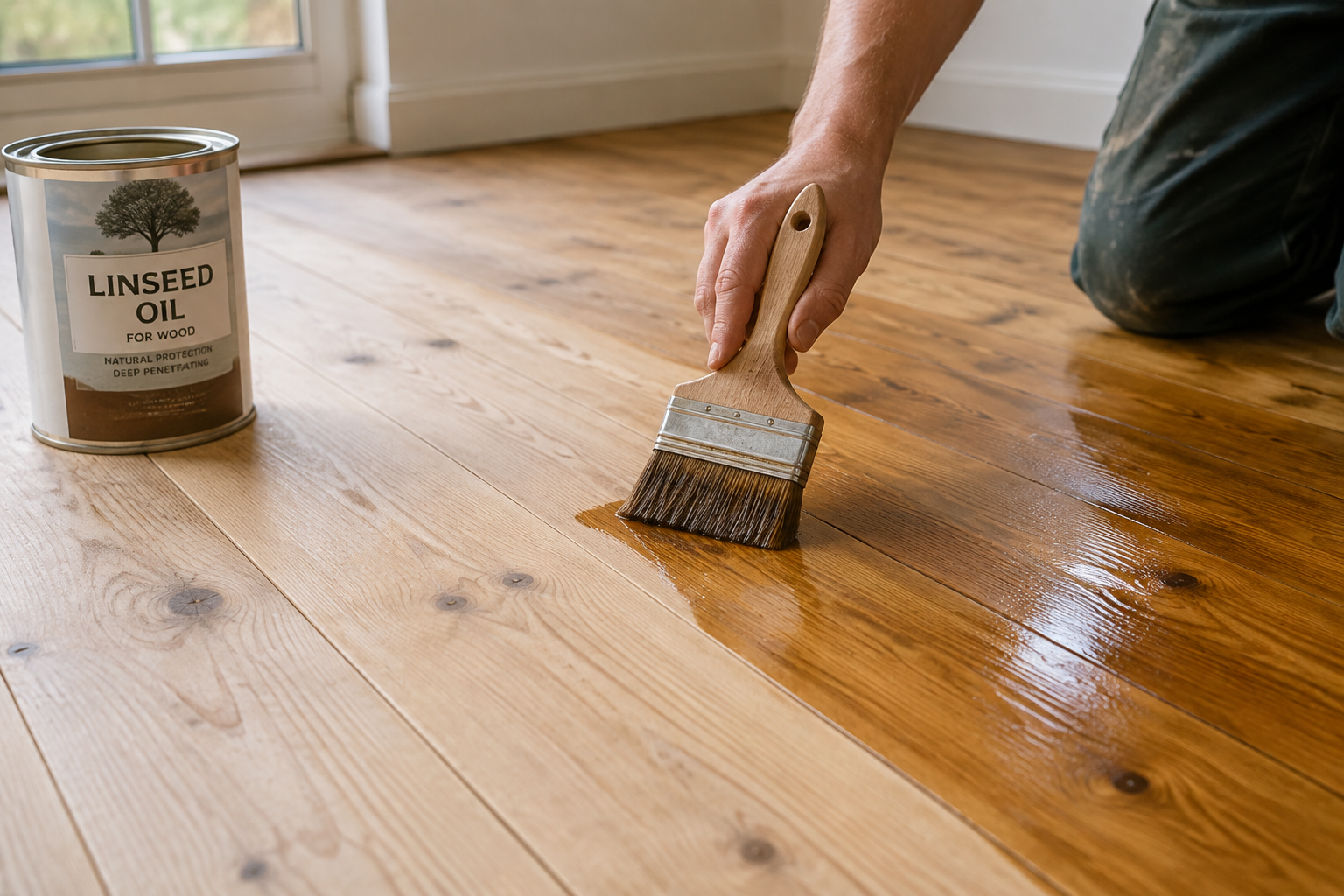 Application d'huile de lin sur un parquet à l'aide d'un pinceau large.