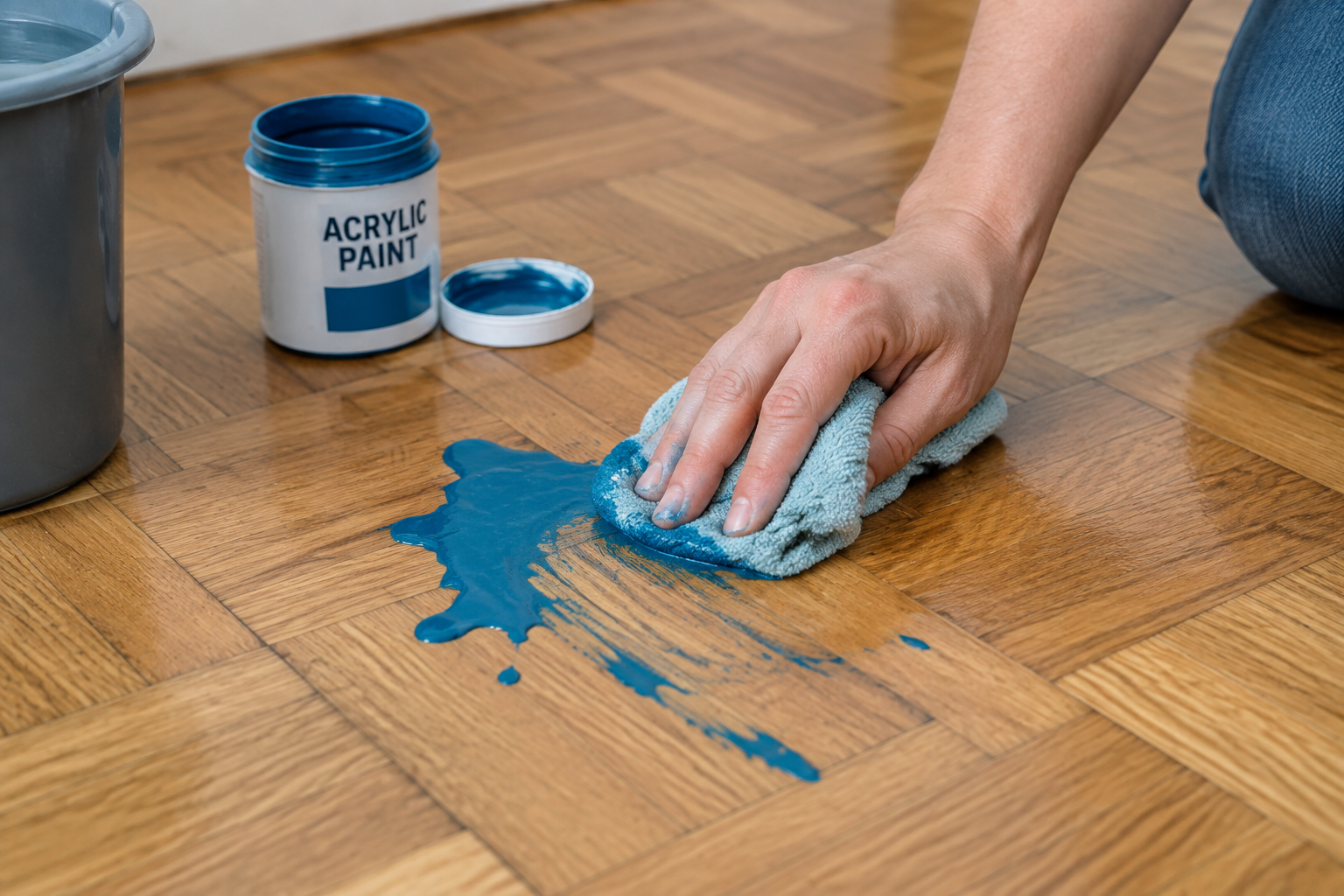 Une personne tamponne une tache de peinture fraîche sur un parquet avec un chiffon humide