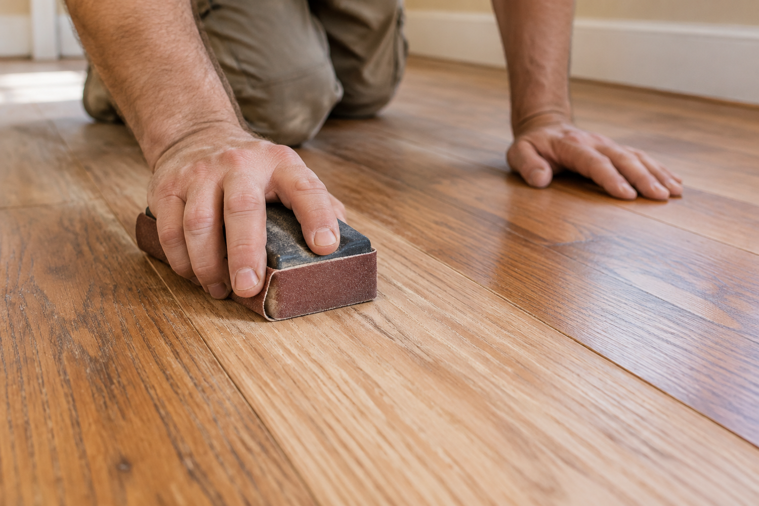 Mains ponçant un parquet dans le sens des fibres avec une cale.