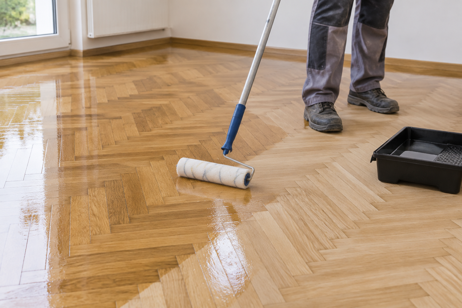 Rouleau appliquant une couche de vernis sur un parquet.