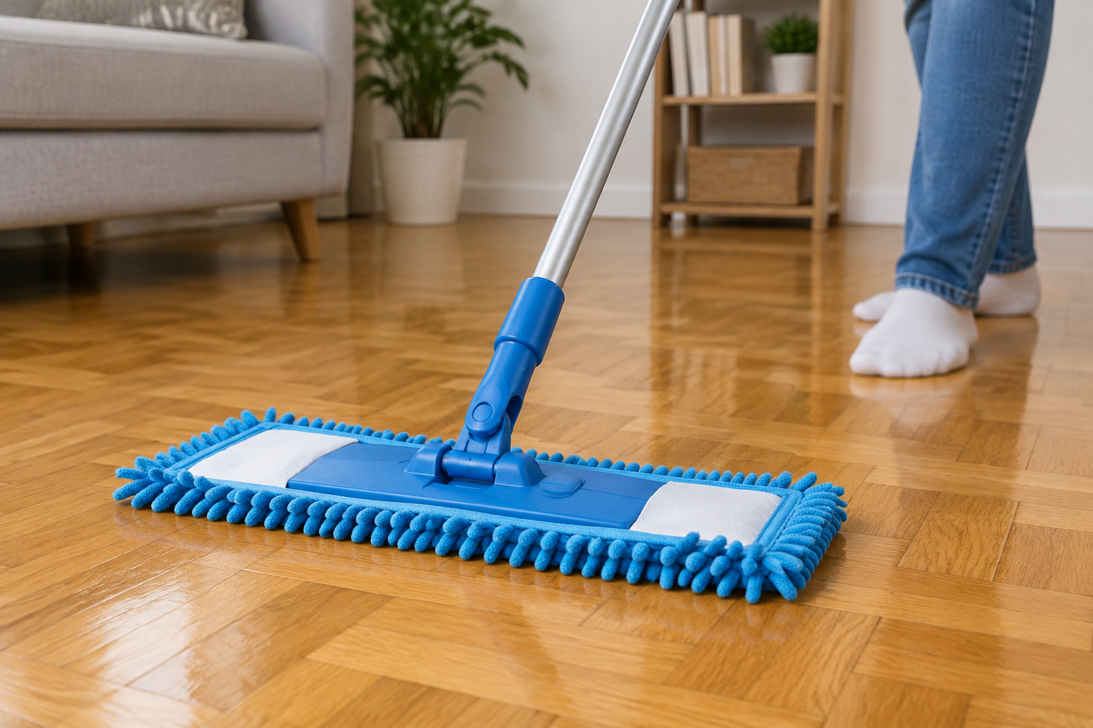 Serpillière microfibre nettoyant un parquet vitrifié
