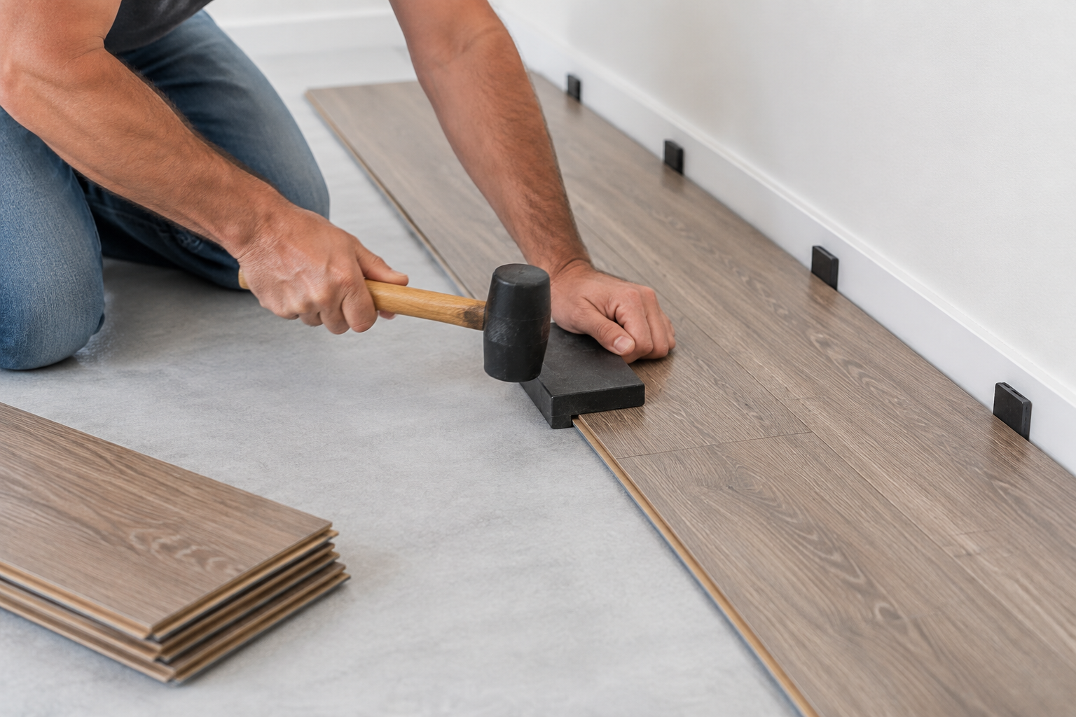 Pose de lames de parquet stratifié : cliquage des lames avec cale de frappe et cales d'espacement.