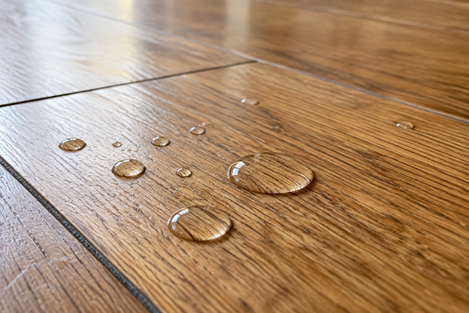 Goutte d'eau sur un parquet pour tester la finition