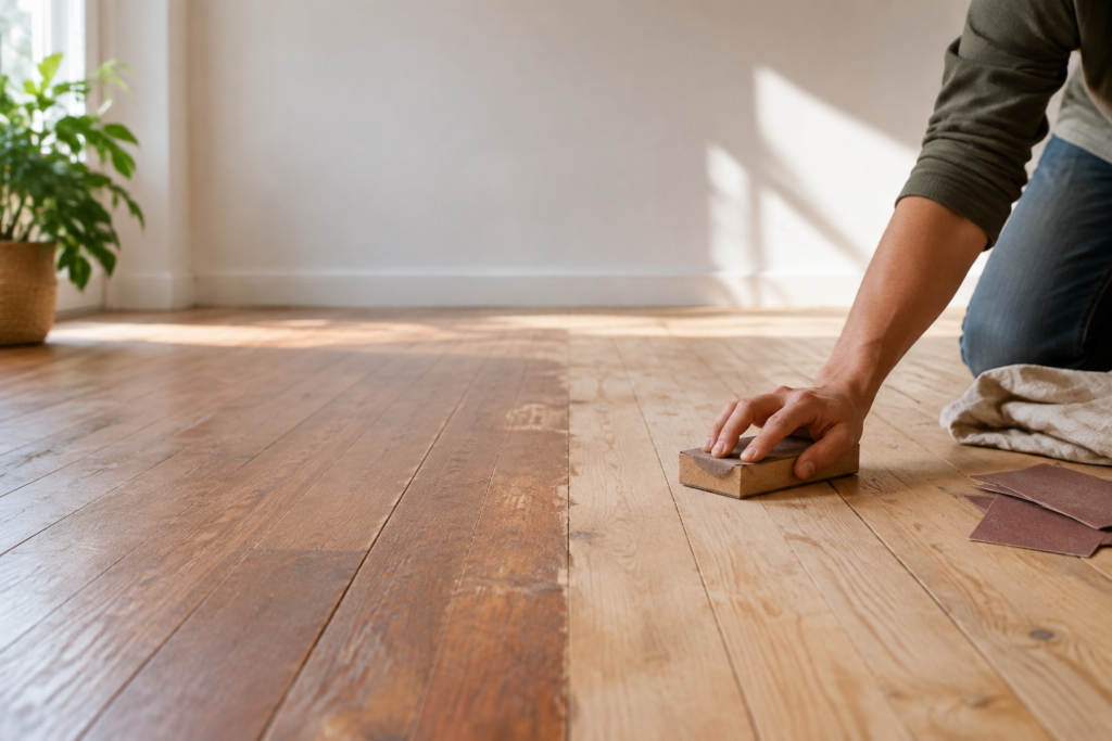 Ponçage manuel d’un parquet avec une cale et du papier abrasif.