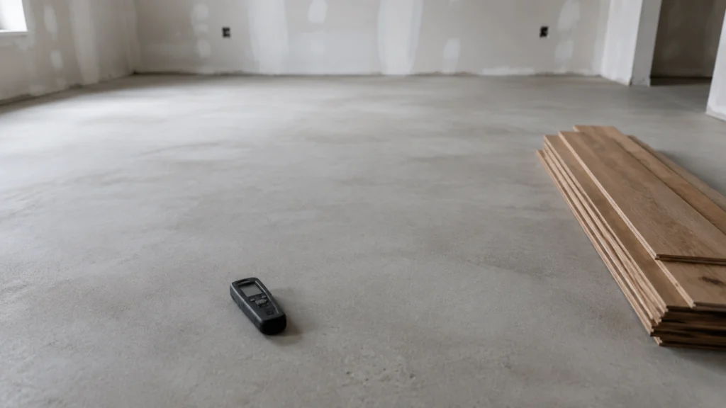 Illustration éditoriale pour l’article « Le temps de séchage chape avant pose parquet : infos clés »