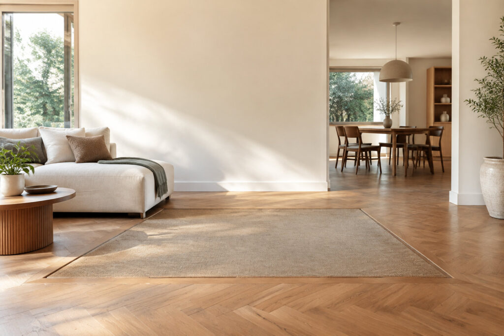 Un tapis rectangulaire encastré parfaitement dans un parquet à chevrons dans un salon moderne et lumineux.