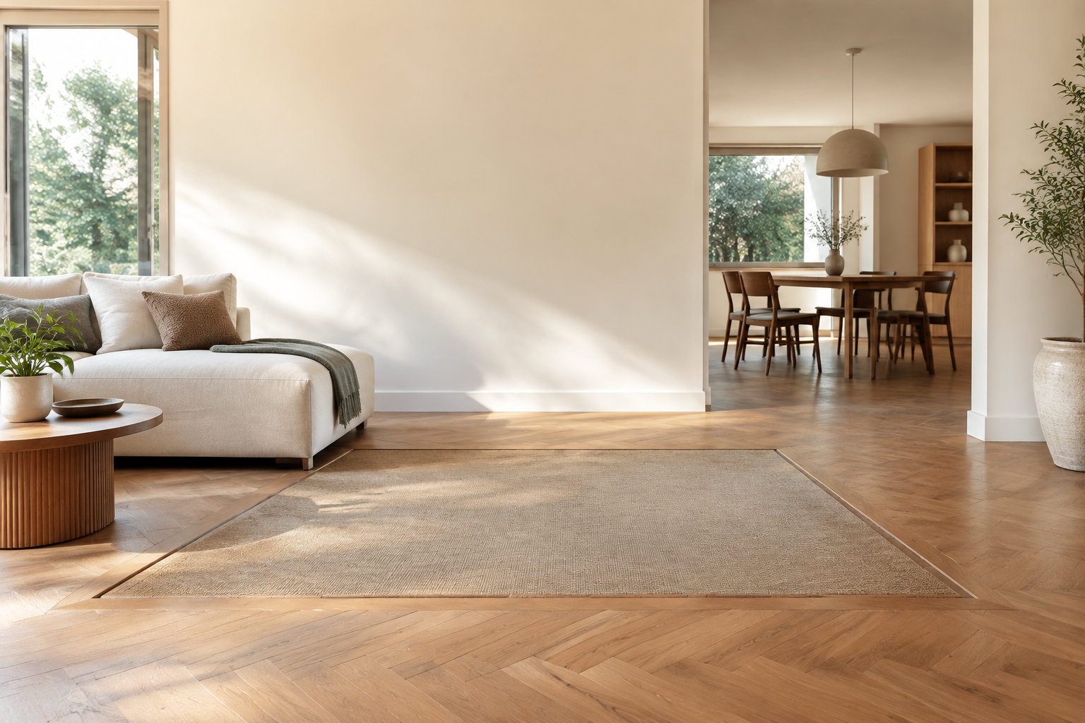 Un tapis rectangulaire encastré parfaitement dans un parquet à chevrons dans un salon moderne et lumineux.