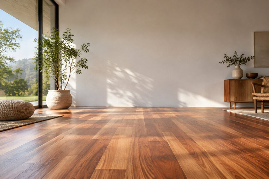 Un salon moderne avec un parquet en eucalyptus massif, une large baie vitrée et une décoration minimaliste.