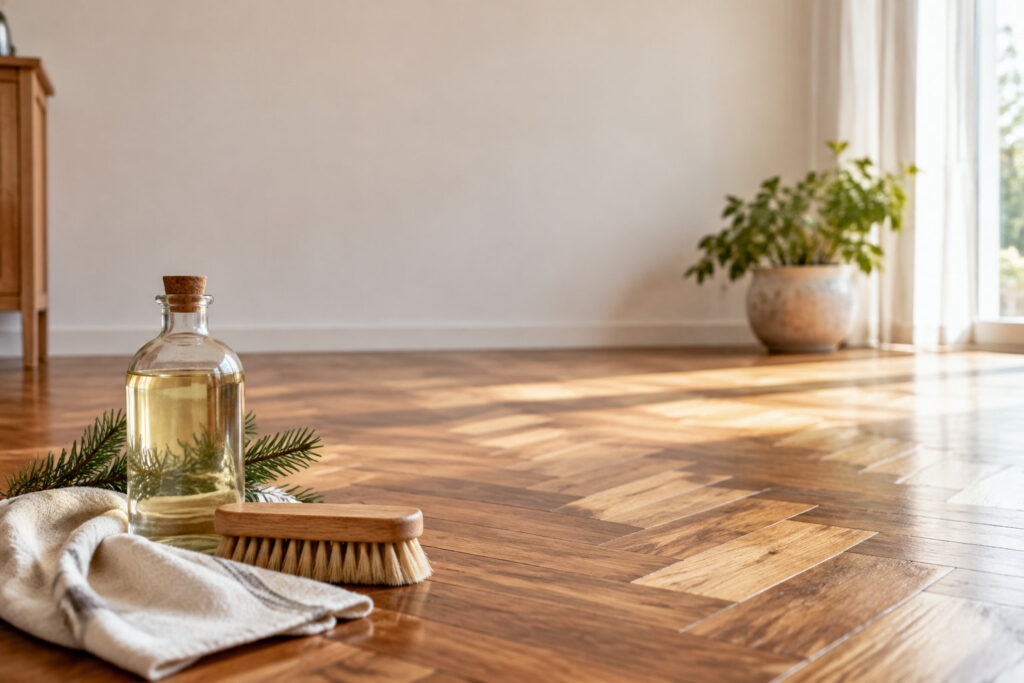 Bouteille d'essence de térébenthine, brosse et chiffon sur un parquet en bois clair posé en chevrons.