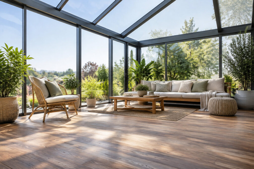 Salon lumineux avec parquet en bois dans une véranda moderne offrant une vue panoramique sur un jardin verdoyant.