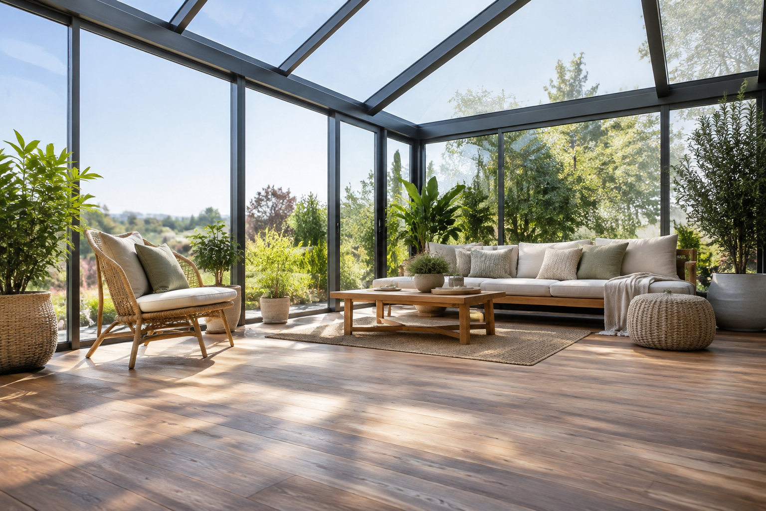 Salon lumineux avec parquet en bois dans une véranda moderne offrant une vue panoramique sur un jardin verdoyant.