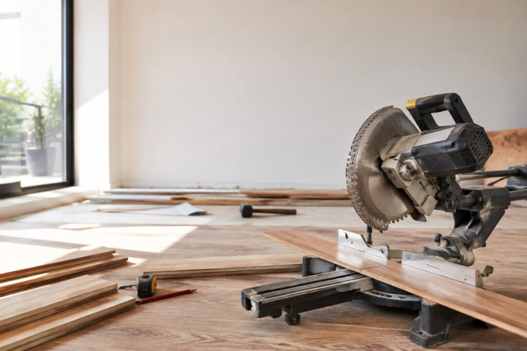 Une scie à onglets électrique posée sur un sol en bois en cours de rénovation avec des lames de parquet à proximité.
