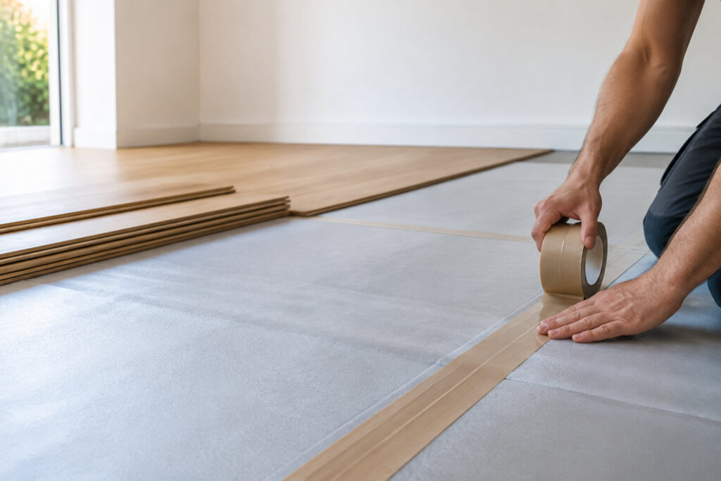 Un artisan pose du ruban adhésif sur les joints d'une sous-couche isolante pour parquet dans une pièce lumineuse.