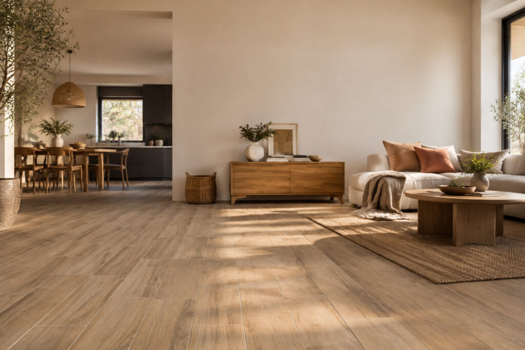 Salon lumineux au style chaleureux avec un sol en carrelage imitation bois, canapé confortable et salle à manger en arrière.
