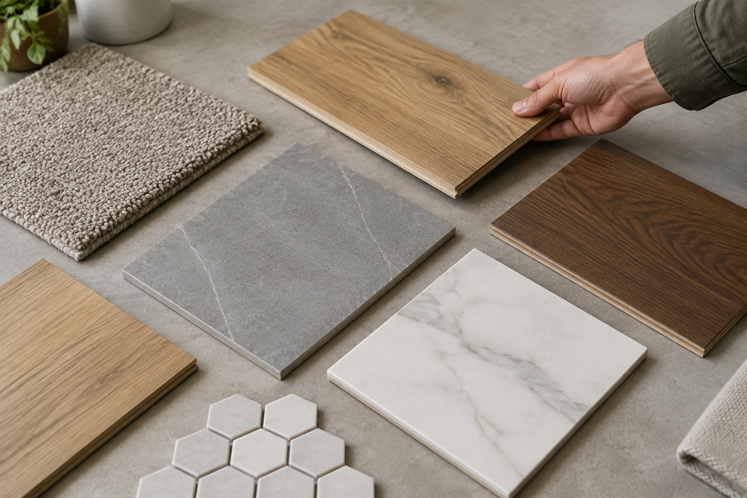 Une main tient un échantillon de bois clair au-dessus de plusieurs échantillons de revêtements en bois, en pierre et en carrelage posés sur un sol gris, près de tapis et de plantes.