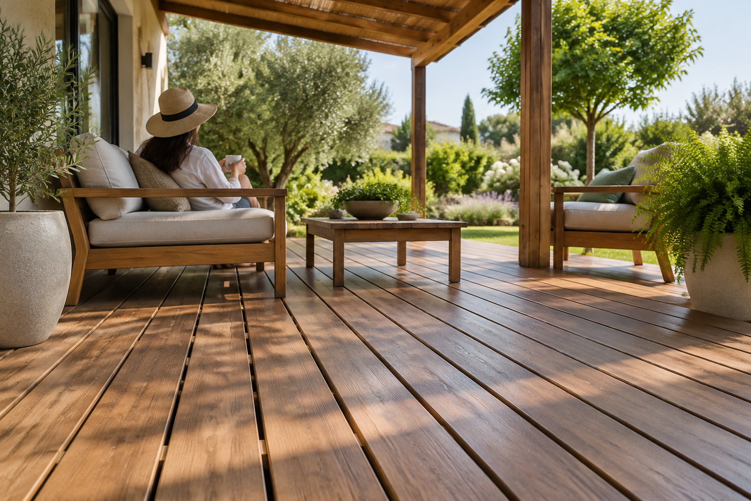 Une femme en chapeau tient une tasse sur une terrasse en bois couverte, entourée de fauteuils, de plantes et d’un jardin ensoleillé.