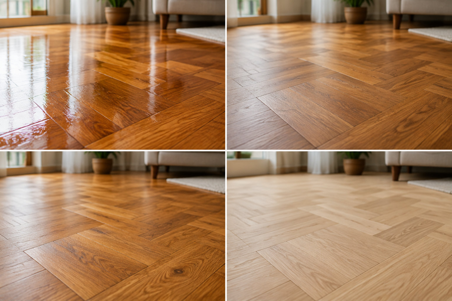 Un montage en quatre vues montre un parquet en chevrons, très brillant dans la vue supérieure gauche et plus mat ou plus clair dans les trois autres, dans un salon.