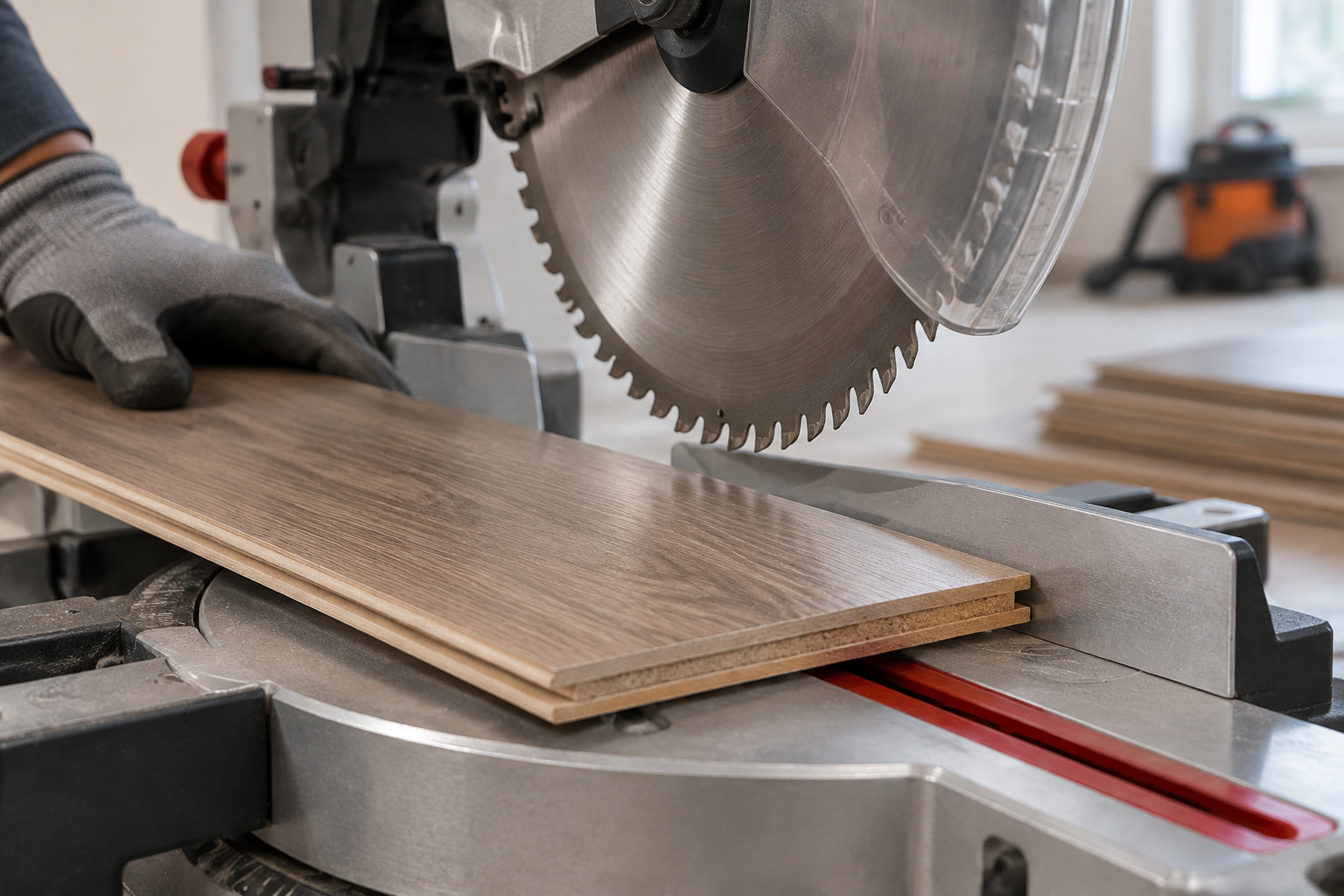 Une main gantée maintient une planche en bois sous la lame circulaire d’une scie à onglet.