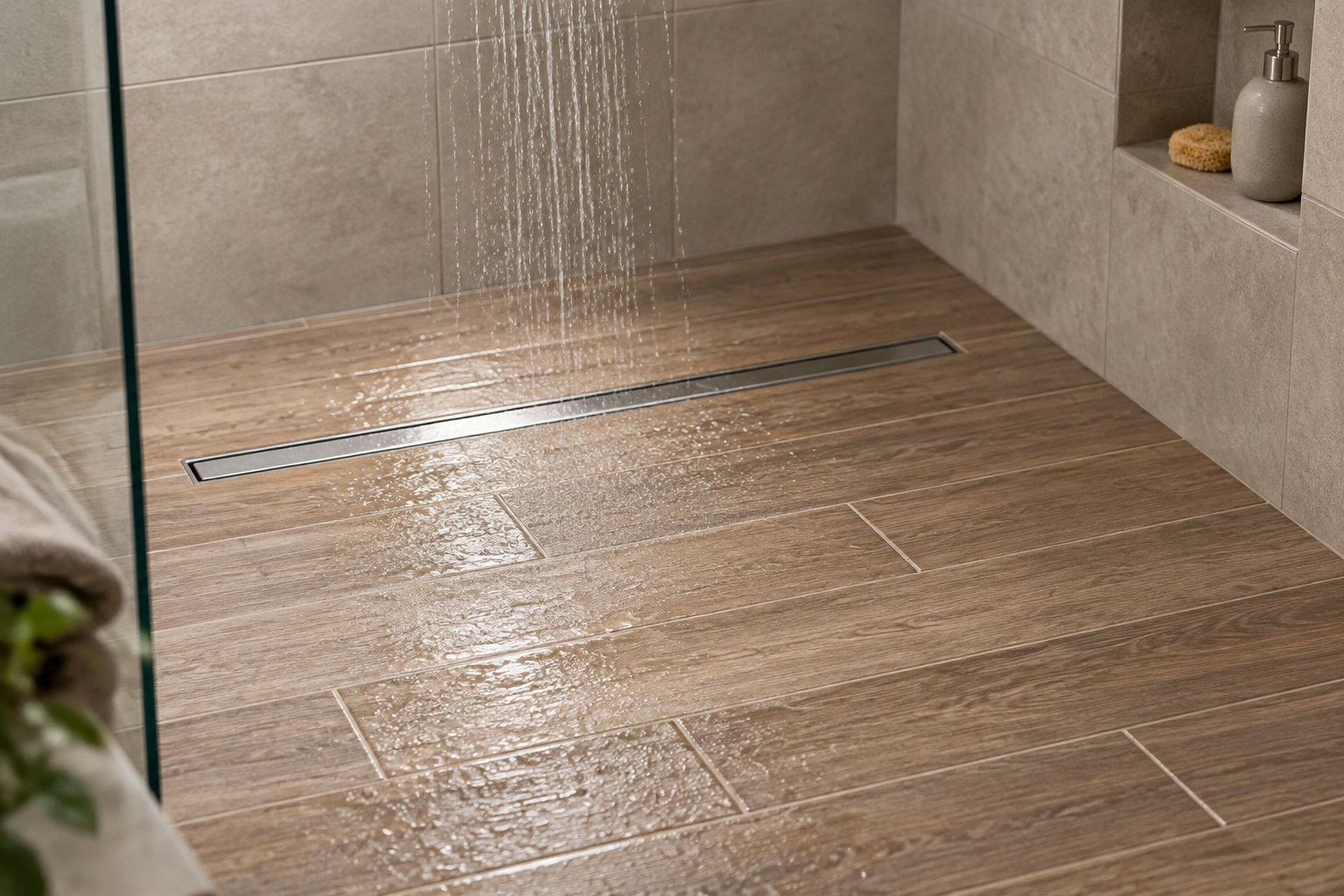 Une douche à l’italienne avec de l’eau qui s’écoule sur un sol imitation bois vers une longue bonde métallique, derrière une paroi vitrée.