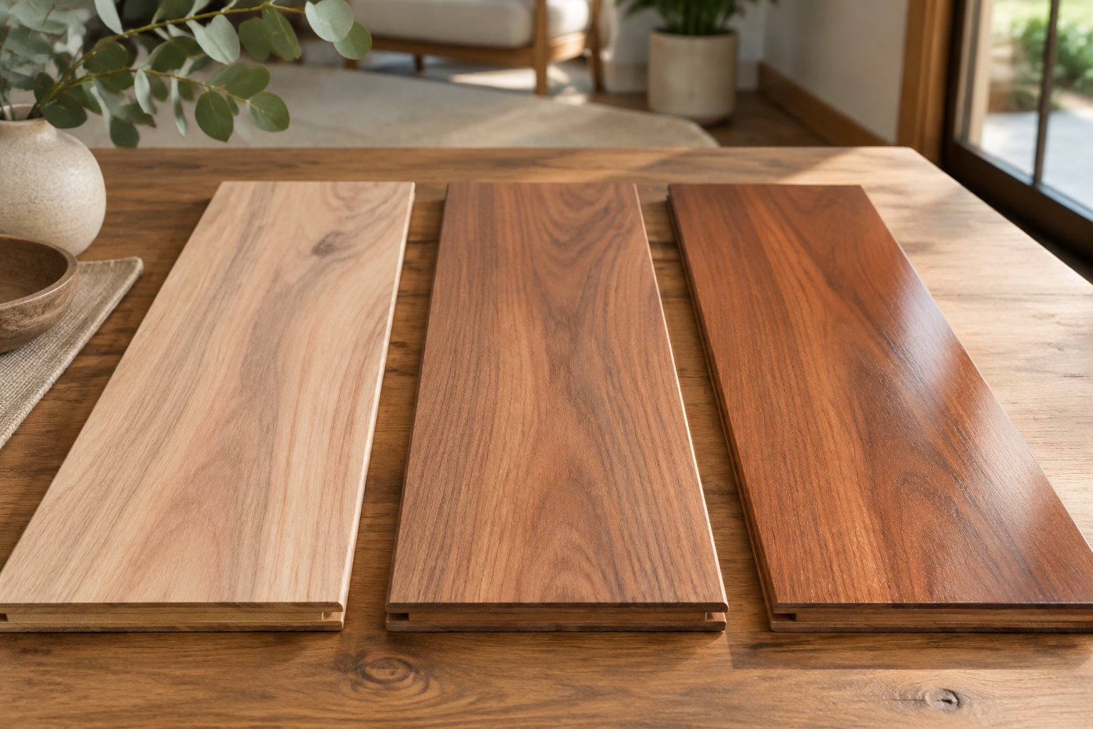 Trois planches de bois de teintes différentes sont posées côte à côte sur une table en bois, dans une pièce lumineuse décorée de plantes.