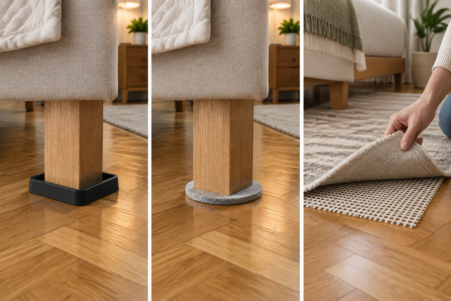 Un montage montre deux protections posées sous un pied de fauteuil en bois et une main glissant une sous-couche antidérapante sous un tapis.