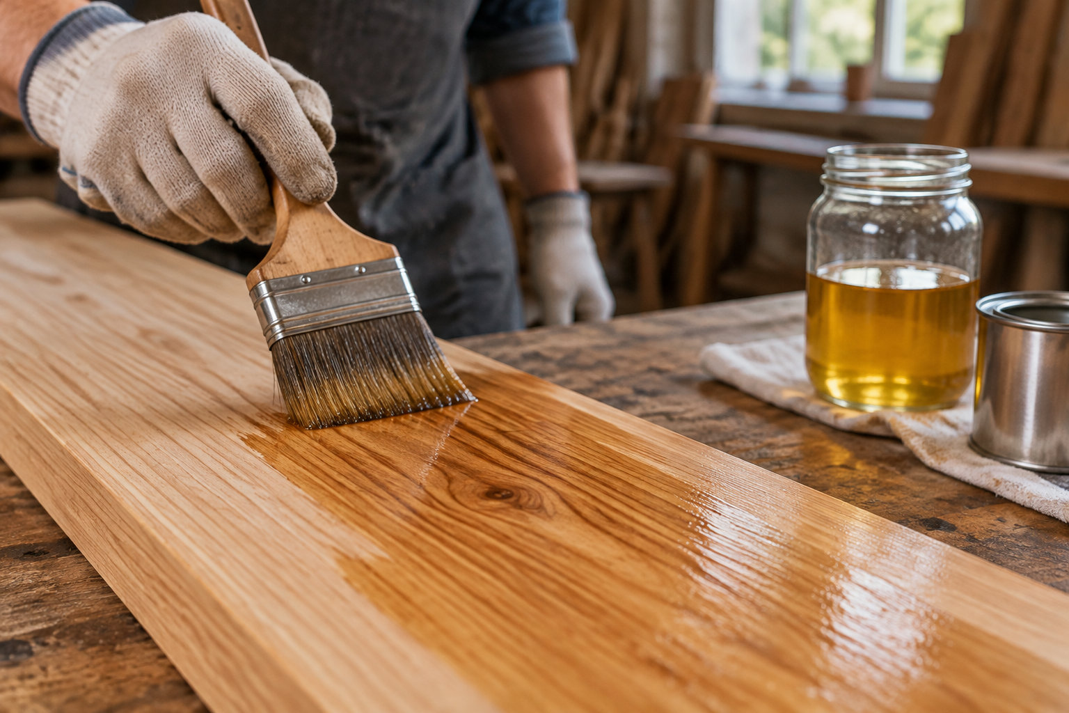 Une personne gantée applique au pinceau une finition liquide sur une planche de bois, près d’un bocal et d’un récipient métallique.