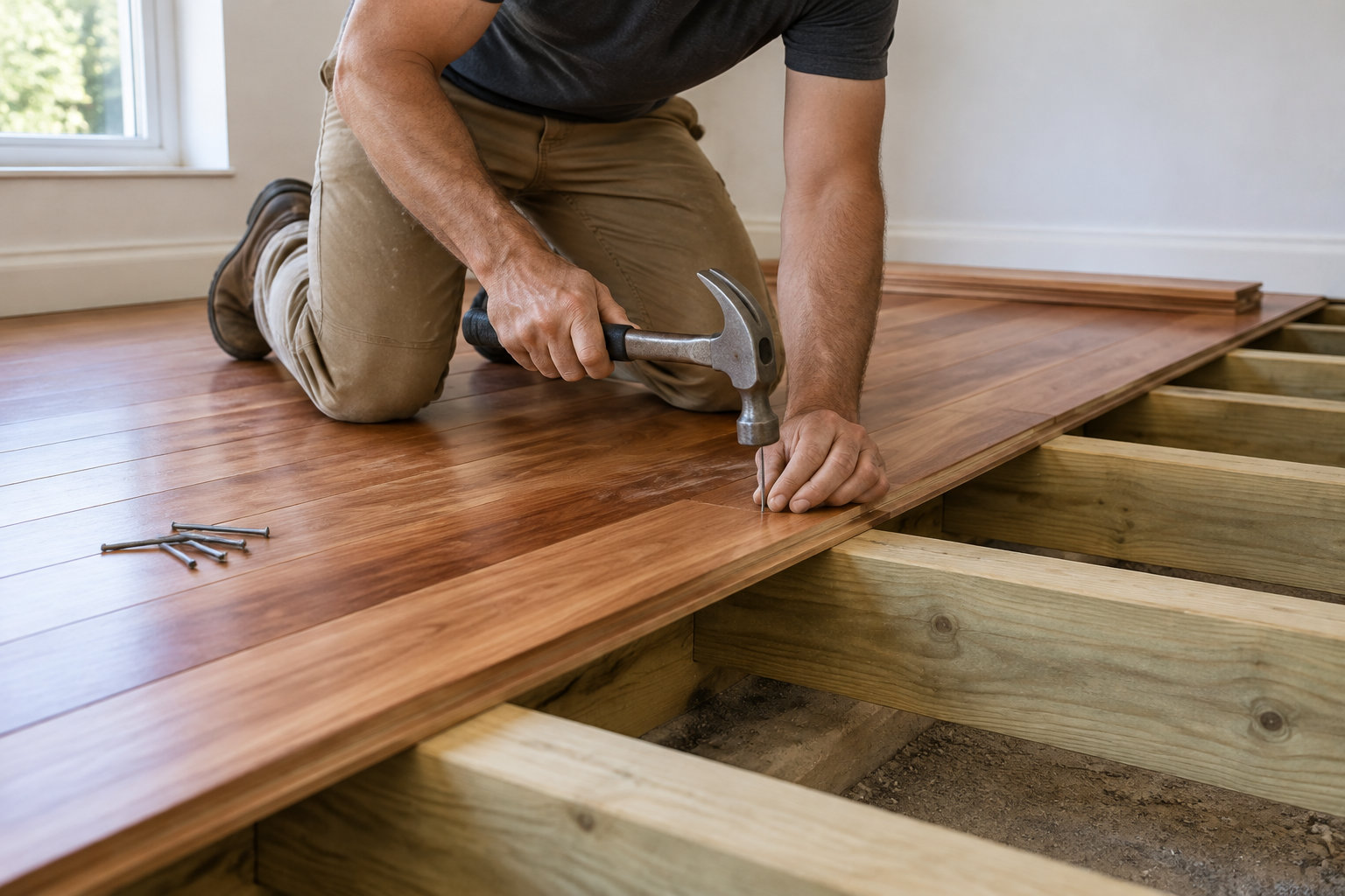 Un homme à genoux fixe des planches de parquet sur des solives à l’aide d’un marteau et de clous.