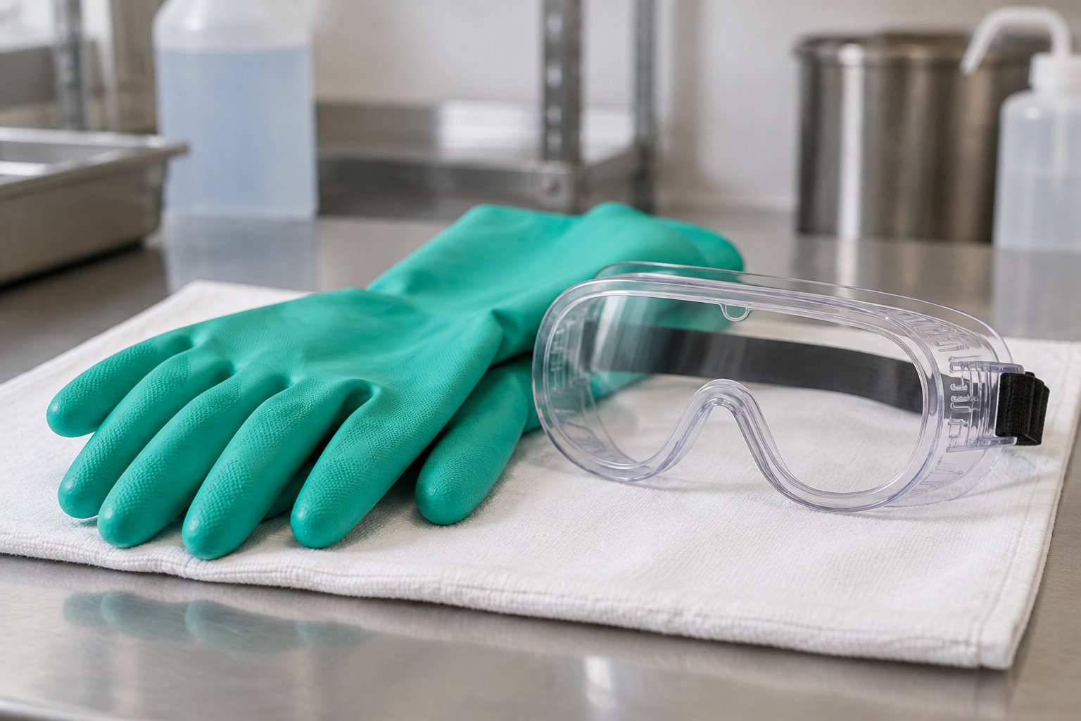 Des gants turquoise et des lunettes de protection transparentes sont posés sur un tissu blanc, dans un local en inox.