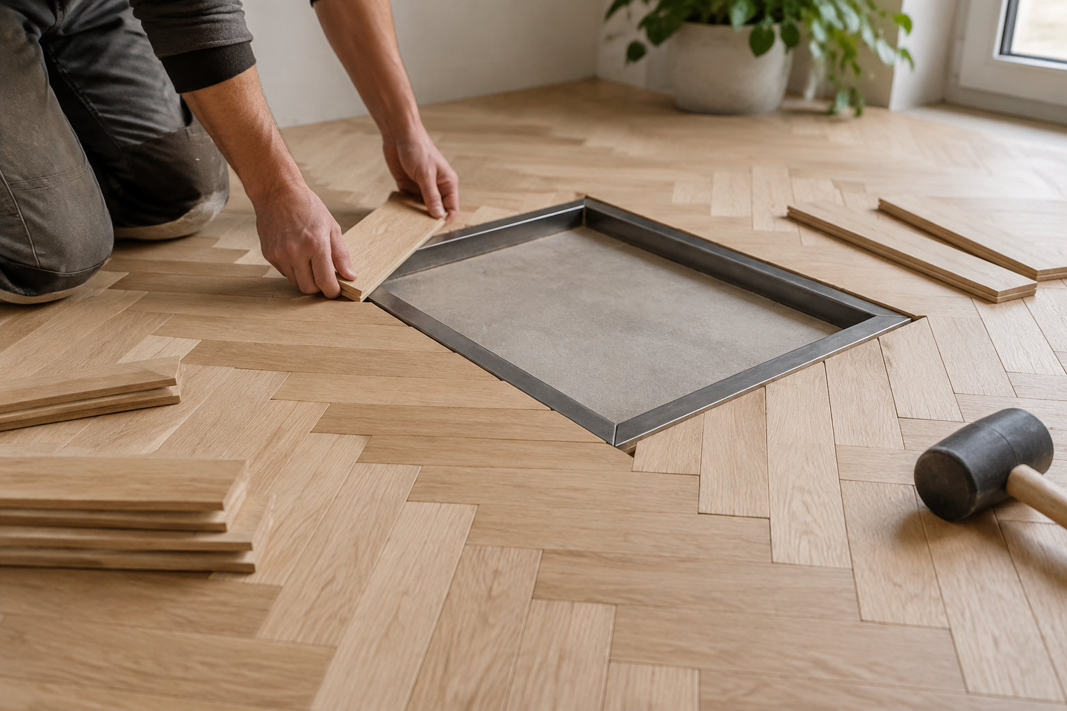 Une personne à genoux pose une lame de parquet en bois autour d’une ouverture rectangulaire, avec d’autres lames et un maillet à proximité.